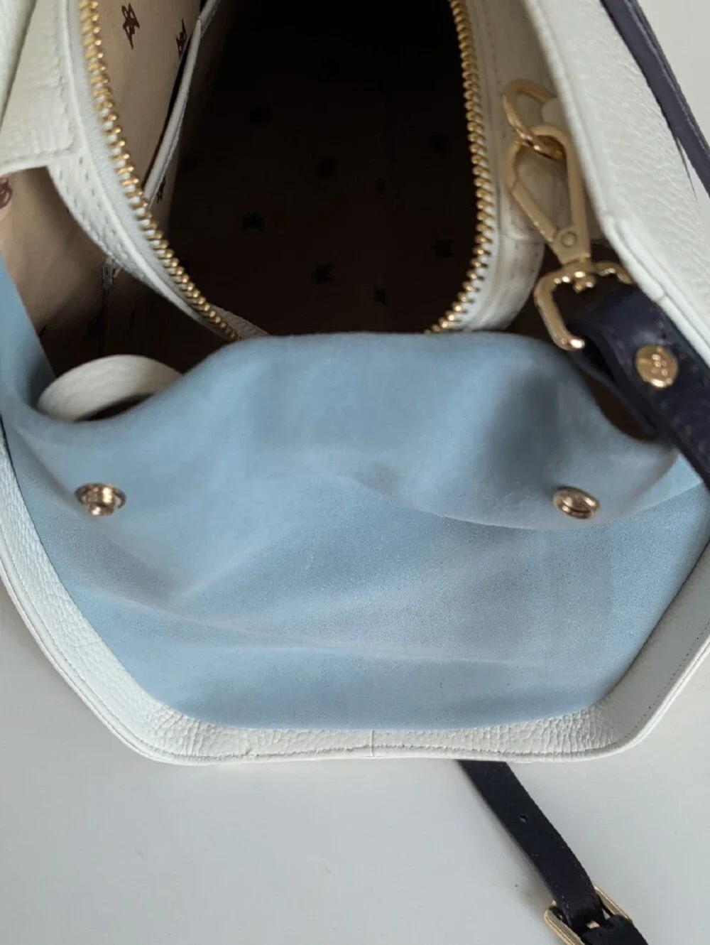 White Pebbled Satchel with Navy Trim by Vuchella